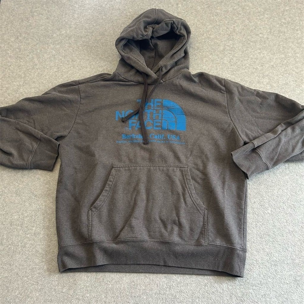 The North Face Hoodie Men's XL Gray Pullover Blue Center Logo